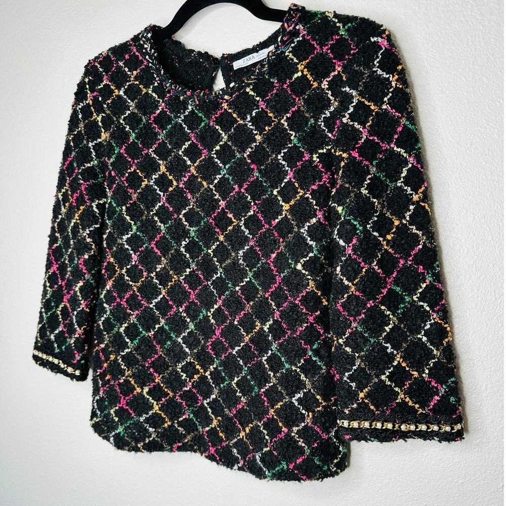 Zara Black Multicolor Boucle Knit Sweater with Pearl Detail on Sleeves Top S - Picture 4 of 14